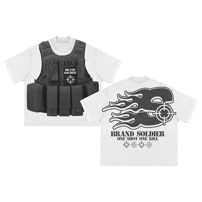 Street wear Y2K Harajuku T-shirt mens hip-hop bulletproof vest printed ultra-fine cotton short sleeved casual top T-shirt 250118