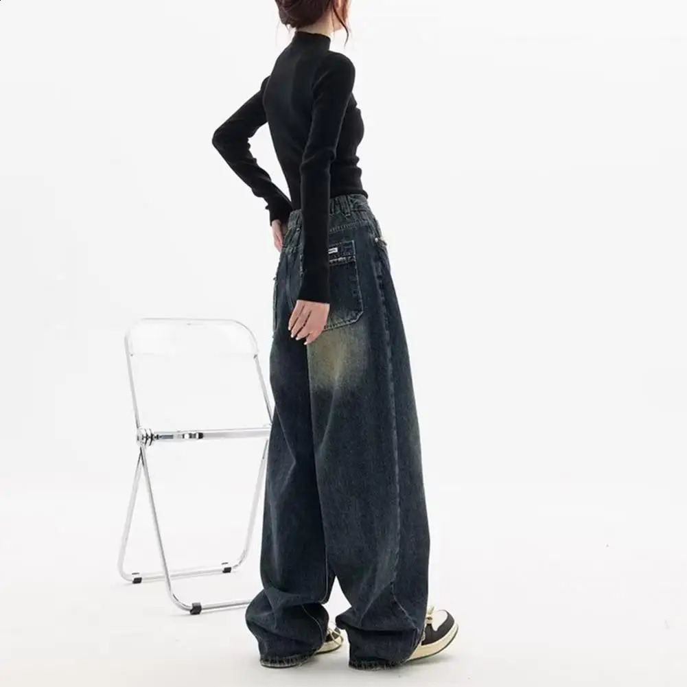 Loose Leg n Trousers Vintage High Waist Wide Denim Jeans with Deep Crotch Pockets Streetwear Fashion Button 250121