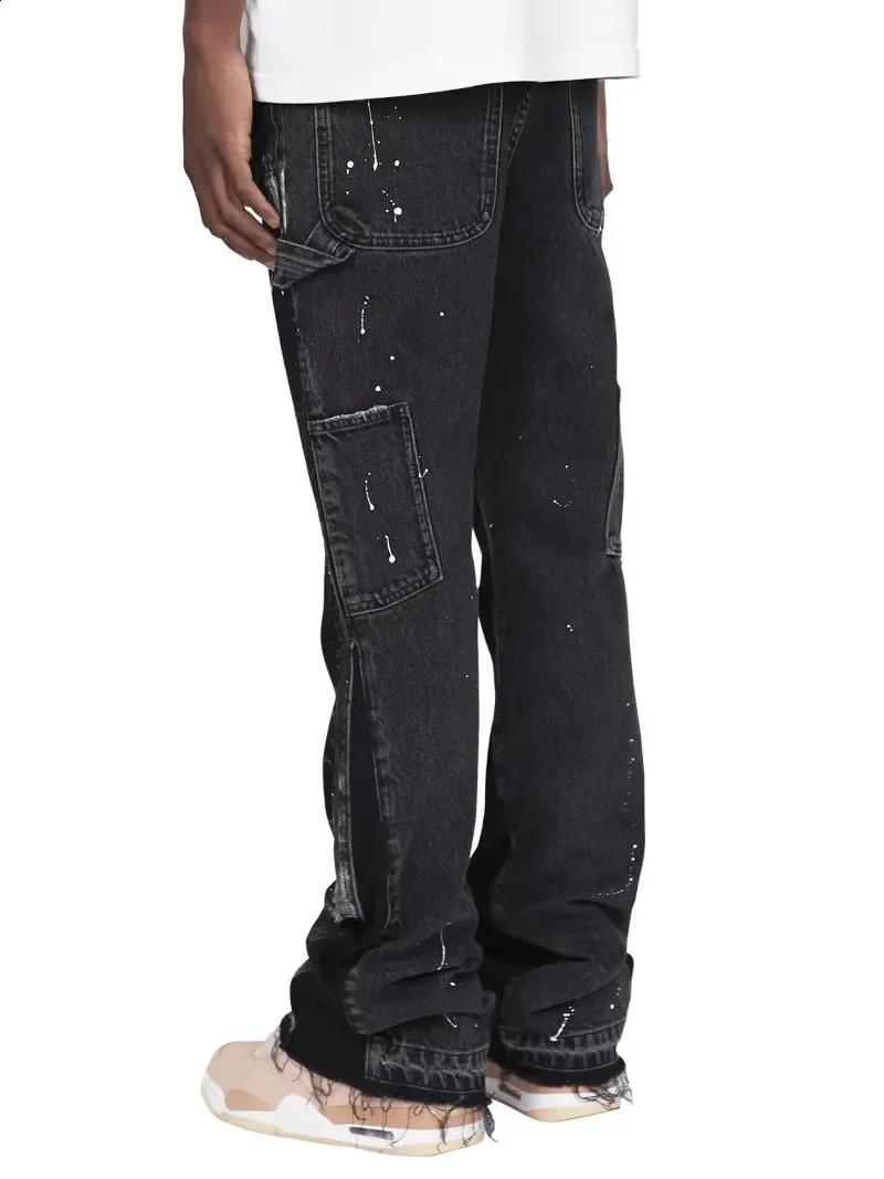 American high street retro sense raw edge micro horn jeans women Y2k dark pants low waist splicing elastic mop pants 250206