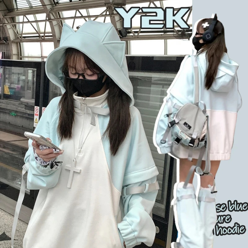 Japanese Subculture Sense Hoodies Autumn Y2k Kawaii Hoodie Suit Blue Sweet Oversized Womens Loose Casual Clothing 250206