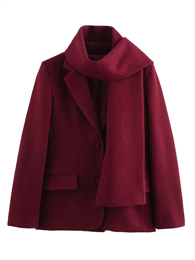 Wine Red Woolen Coat Women Fashion Lapel With Scarf Long Sleeve Female Coats 2024 Winter Singlebreasted Loose Lady Outwear 250109Z