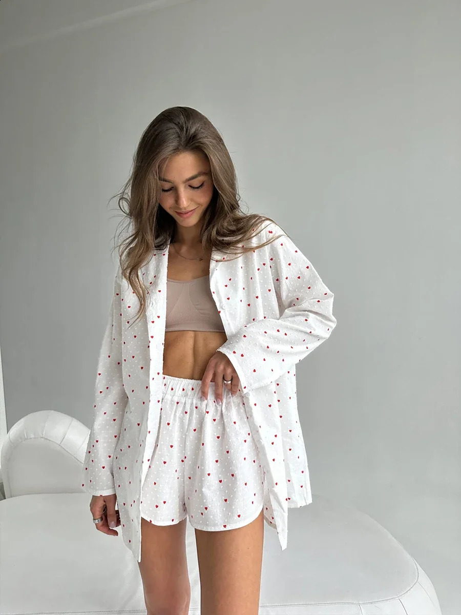 Muzuleva Summer Love Print Womens Suits Elegant Long Sleeved Shirt Shorts 2 Pieces Set Elastic Waist Wide Shorts Casual Outfit 250121
