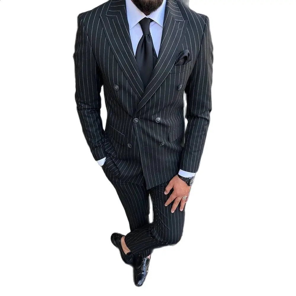 High Quality Black Stripe Mens Suits Lapel Double Breasted Male Clothing Prom Party Elegant Wedding 2 Piece Jacket Pants 250121