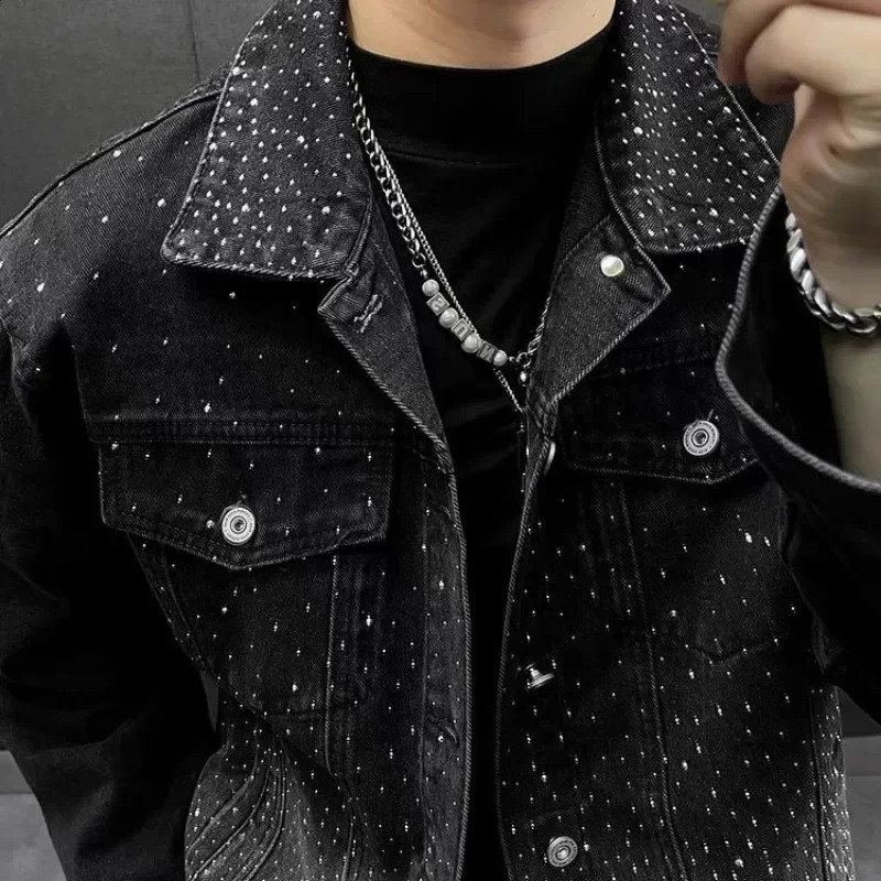 Mens Single-breasted Star-studded Diamond Denim Jacket Turn Down Collar Long Sleeves Versatile Loose Cowboy Jackets Tops 250206