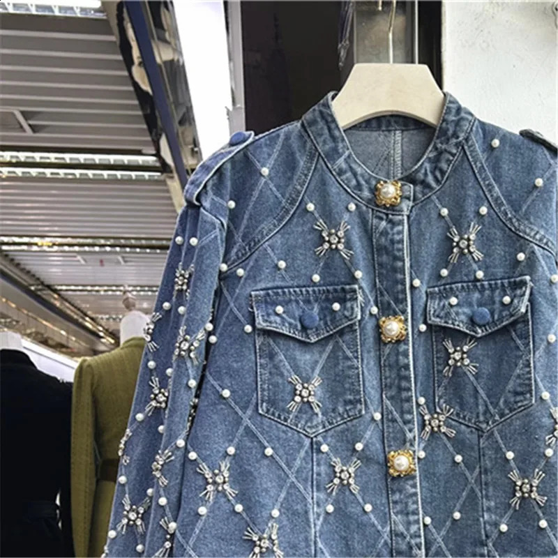 Korean Stand Collar Denim Jacket Women Beading Diamonds Cow Outerwear Spring Autumn Slim Short Big Pocket Jeans Jacket Female 250121