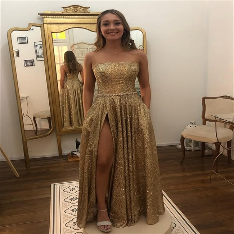 Luxury Gold Sequin Prom Dress With Slit Sexy Strapless Floor Length Eevning Dress Sparkly Dance Formal Party Birthday Vestio De Fiesta 2025 Glitter Ro