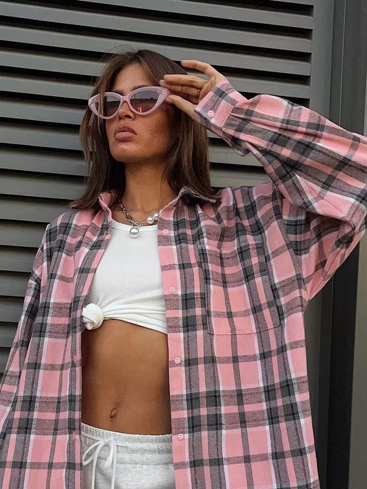 Casual Blouses New Fall Winter Office Lady Long Sleeve Pink Shirt Loose Versatile Plaid Pockets Shirts Top Women Clothing