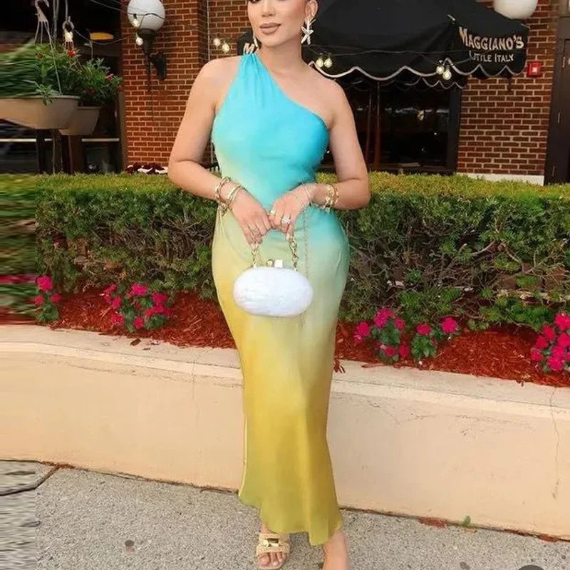 TRAF Tie Dye Satin Dress Women Asymmetric Off Shoulder Midi Dress Woman Summer Knot Backless Long Dresses Sleeveless Party Dress 250206