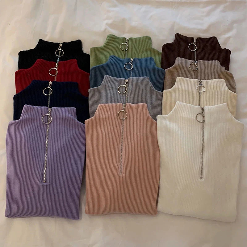 Autumn Winter Basic Long Sleeve Ladies Korean Solid Slim Fit Knitwears Women Spring Fashion Womens Zipper Red Knitted Sweater 250206