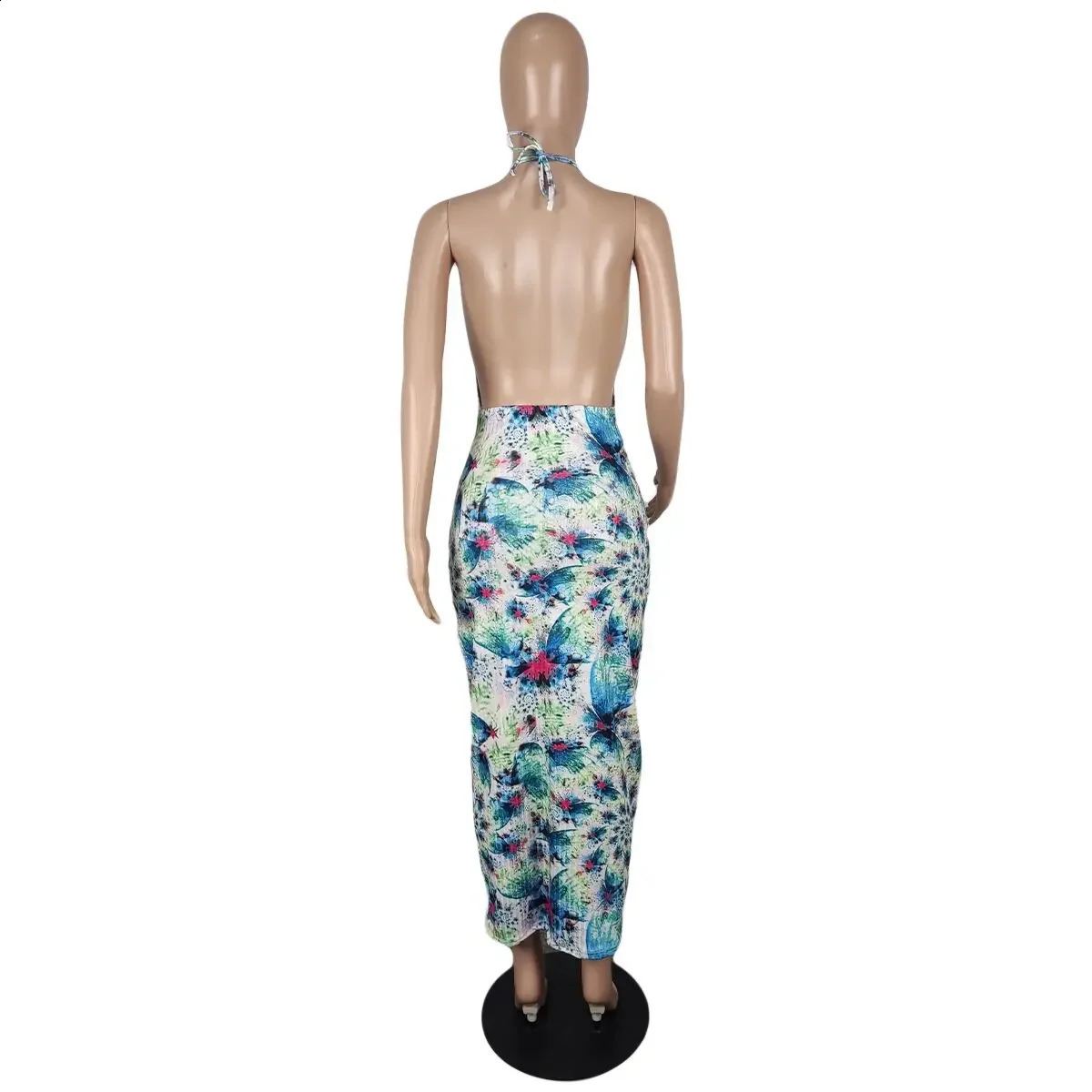 CM.YAYA Beach Tie Dye Print Halter Neck Womens Midi Dress Sexy Night Party Open Back Sleeveless Ribbed Bodycon Pencil Dresses 250206