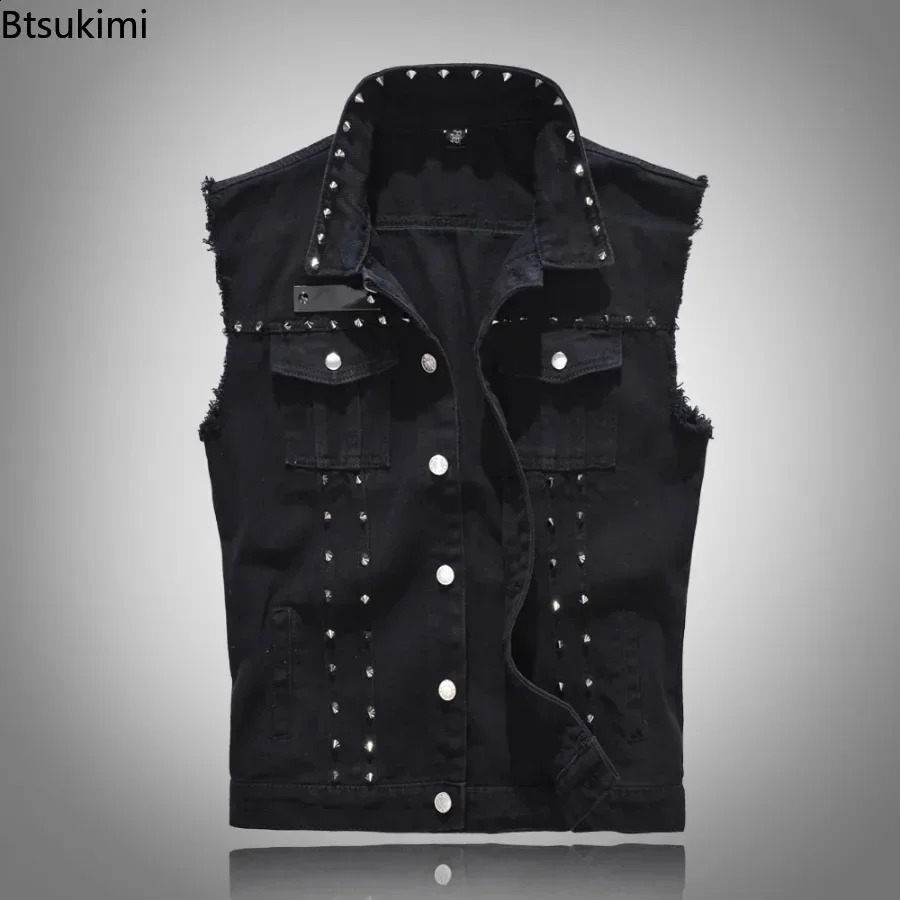 Plus Size 5XL 6XL Mens Denim Vest Punk Rock Rivet Cowboy Black Jeans Waistcoat Fashion Men Motorcycle Sleeveless Jeans Jacket 250206