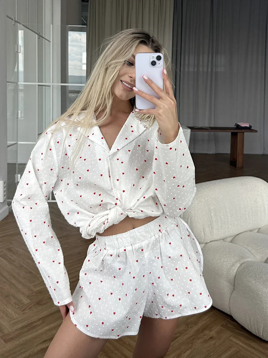 Muzuleva Summer Love Print Womens Suits Elegant Long Sleeved Shirt Shorts 2 Pieces Set Elastic Waist Wide Shorts Casual Outfit 250121