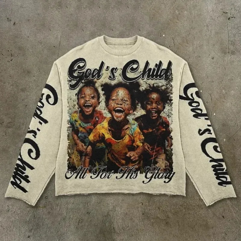 Gothic Round Neck Couple T-shirt Autumn American Style Children Pattern Printed Casual Top Y2k Seven Quarter Sleeve Pullover 250206