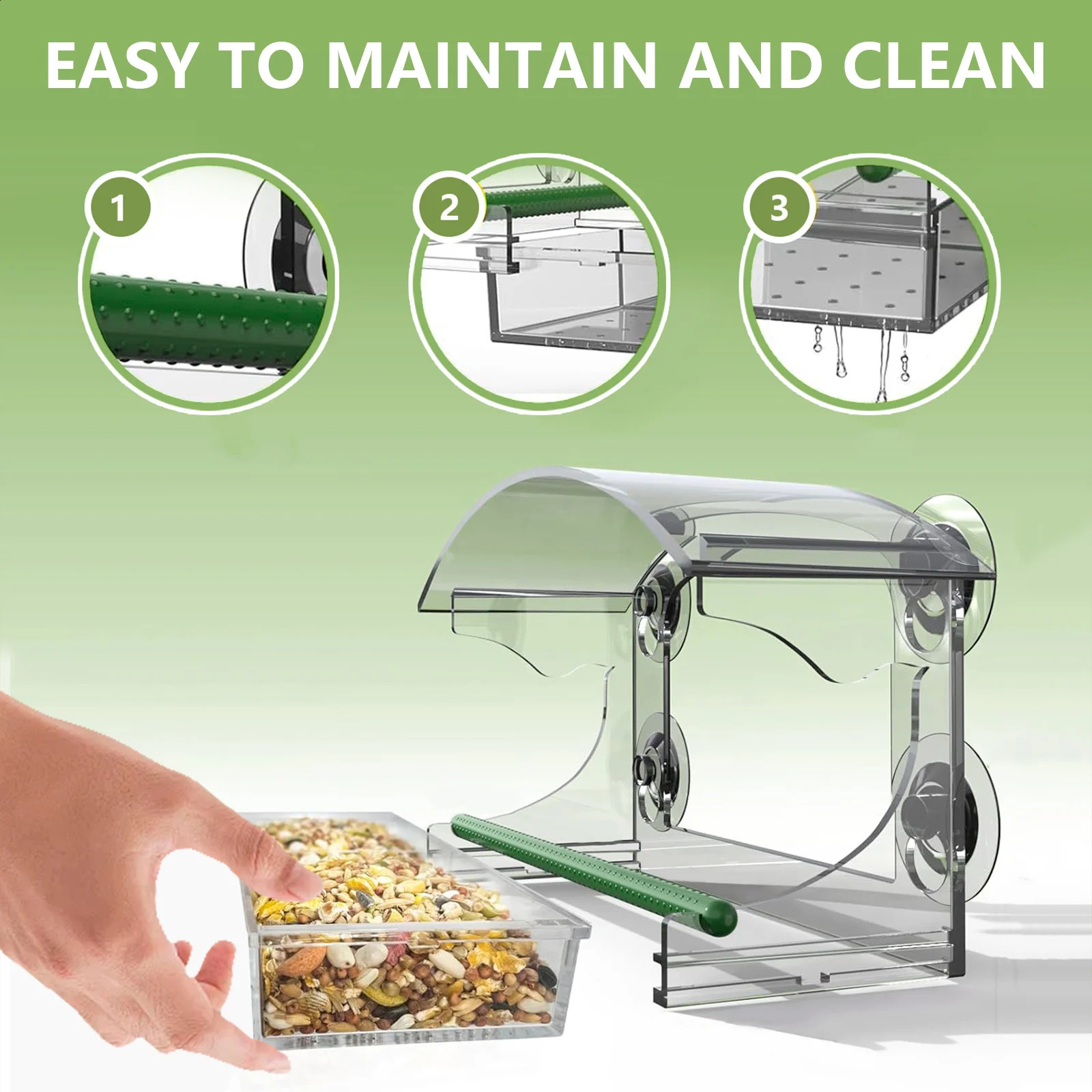 Acrylic Window Bird Feeder Clear Bird House With Suction CupsRemovable Tray and Perch Weatherproof Outdoor Bird Food Container 250121