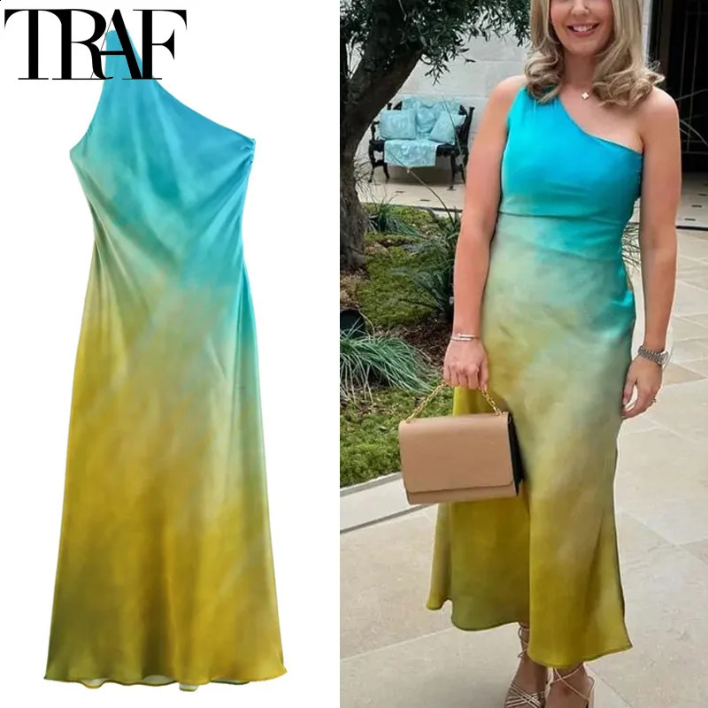 TRAF Tie Dye Satin Dress Women Asymmetric Off Shoulder Midi Dress Woman Summer Knot Backless Long Dresses Sleeveless Party Dress 250206