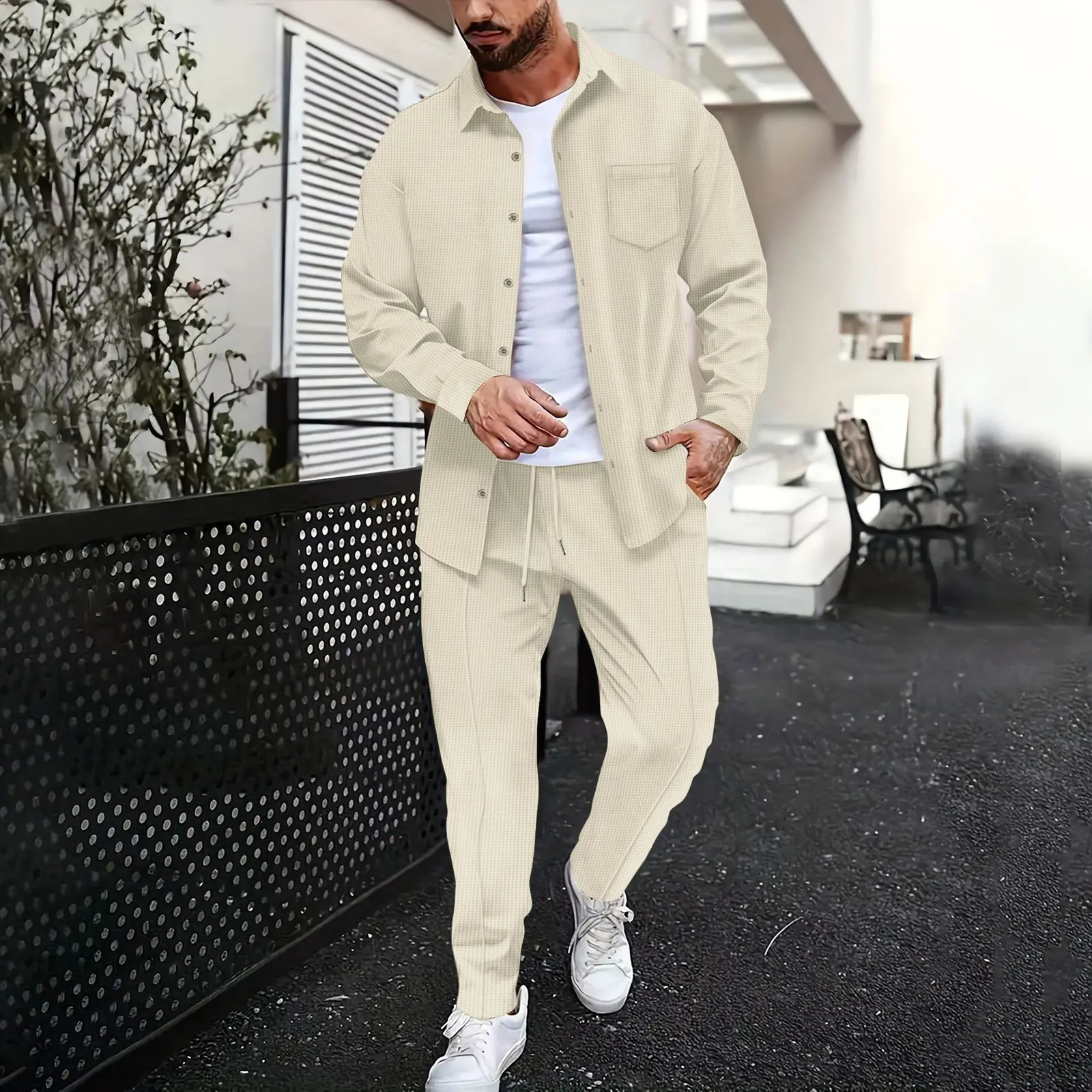 Spring and Autumn men waffle solid color two-piece trend lapel long-sleeved shirt and trousers casual outdoor sports suit 250121