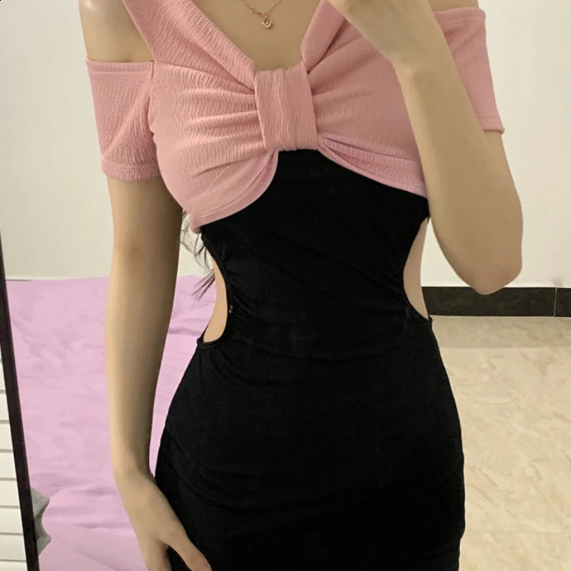 Sweet Sexy One-piece Swimsuit A- Line Mini Dress Women 2024 Bowknot Off Shoulder Slim High Waist Holiday Swimwears Beach Clothes 250121