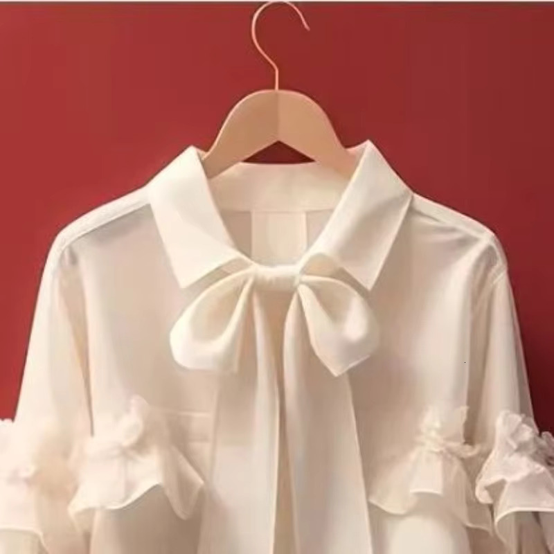 Spring Autumn Bow Blouses Solid Ruffles Vintage Sweet Women Shirts Korean Fashion Puff Sleeve Elegant Camisas