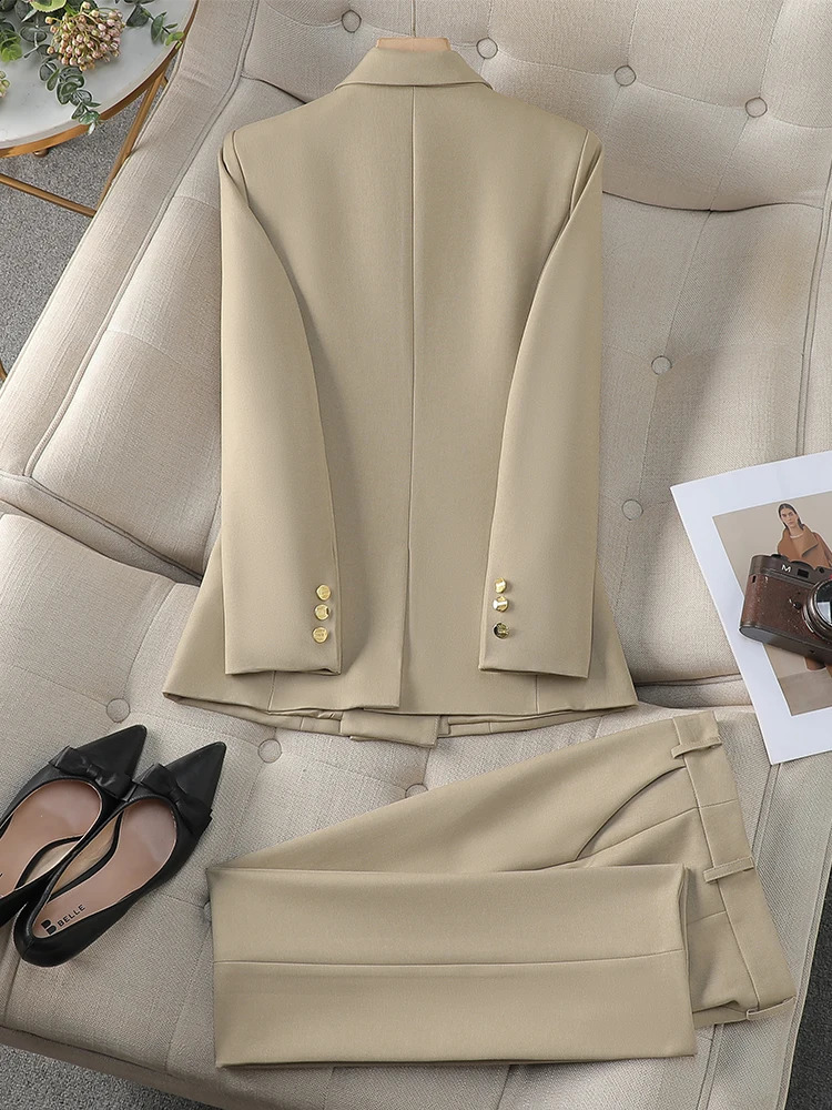Navy Apricot Khaki Office Ladies Winter Pant Suit Women Female Business Work Wear Jacket Blazer and Trouser Formal 2 Piece Set 250206
