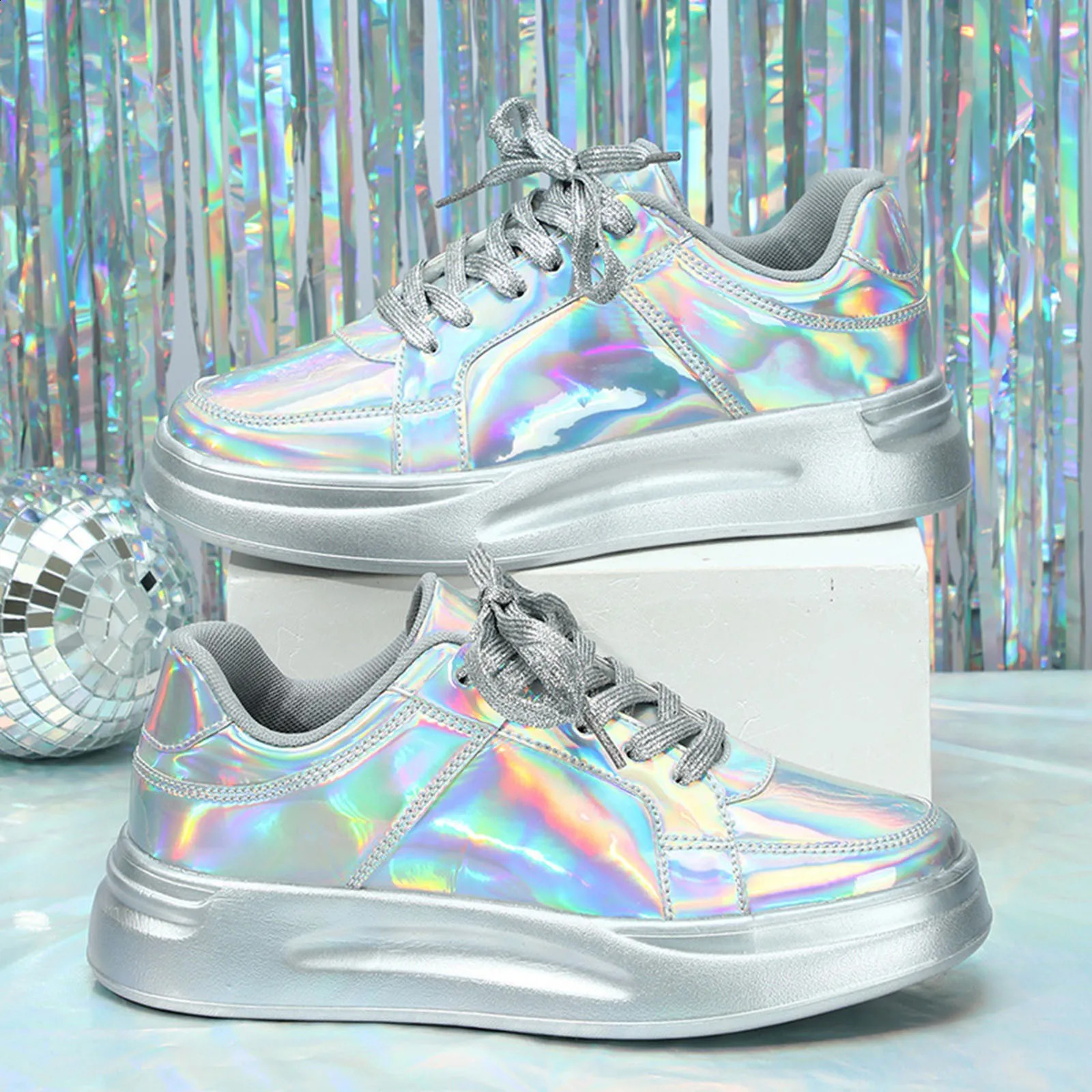 Women Casual Shoes Fashion Breathable Walking Sneakers Couples Fashion Thick Soled Sequins Lace Up Heightening Casual Tenis 250206