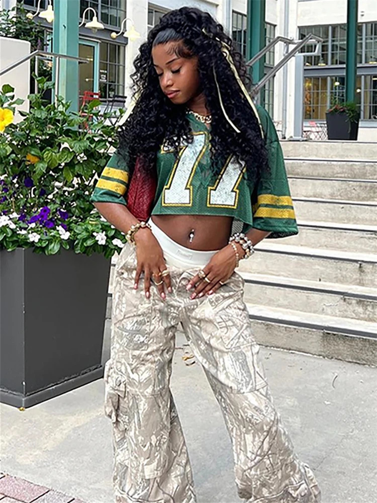 WLWXR Autumn Vintage Classic Number T-shirt Women Lace Patchwork V-Neck Sexy Crop Tops Fashion Streetwear Hip-Hop 250116