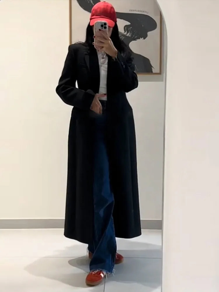 Elegant Womens Suit Jacket Double Breasted Lapel Pocket Slim Long Coats 2025 Spring Lady Streetwear Commute Outerwears 250109Z