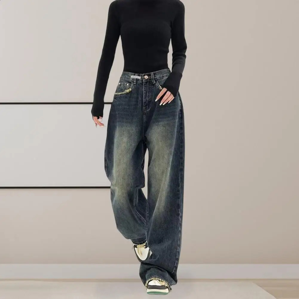 Loose Leg n Trousers Vintage High Waist Wide Denim Jeans with Deep Crotch Pockets Streetwear Fashion Button 250121