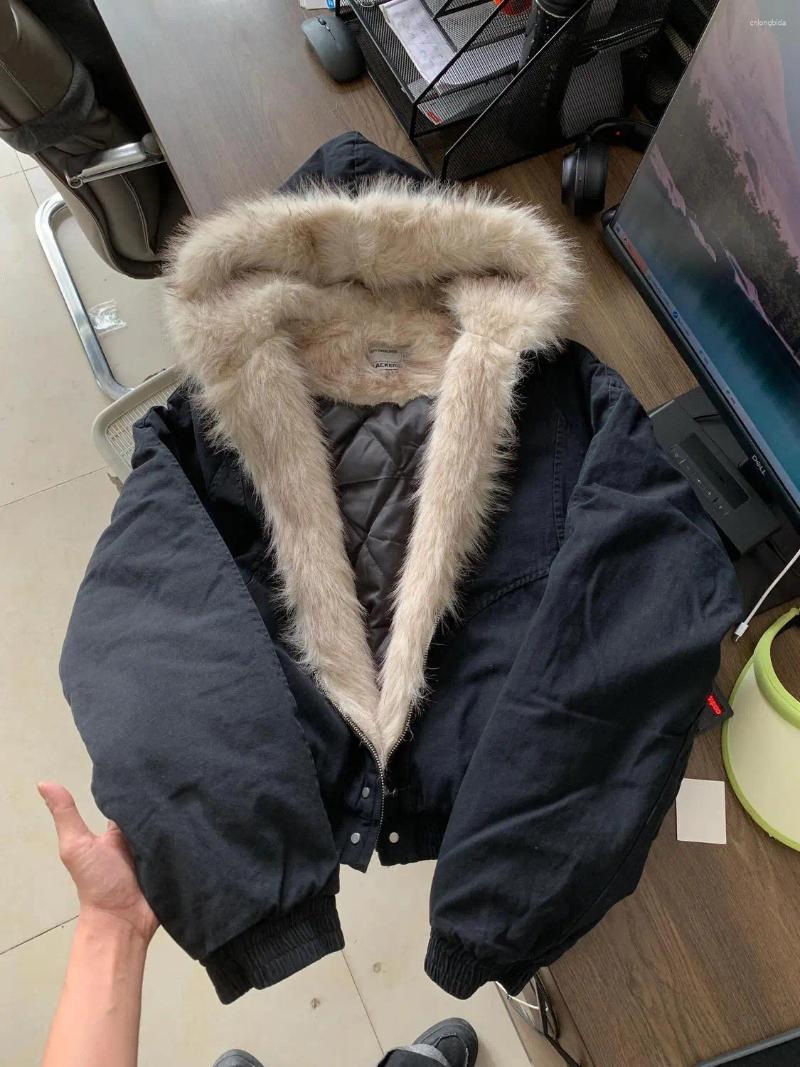 Women's Jackets Y2K Fashion Simple Retro Fur Collar Cotton Hooded Jacket Women Winter Streetwear Loose Veet Warm Haruku Casual