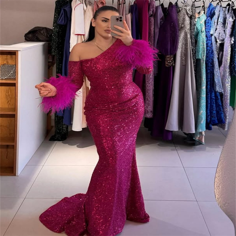 Shiny Fuchsia Prom Dress With Feather Sparkly Mermaid Sequin Dubai Evening Dress Arabic Plus Size Formal Birthday Luxury Long Sleeve Speical Occasion 