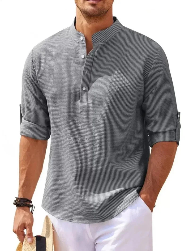 Cotton Linen Mens Long-Sleeved Shirts Spring Autumn Solid Color Stand-Up Collar Casual Beach Style Plus Size S-4XL 250116