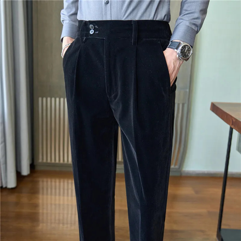 Dress Pants For Men Clothing Autumn Winter Thick Elegant Velvet Man Pants Stretchable Waist Naples Mens Formal Trousers Black 250122