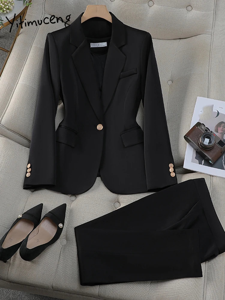 Yitimuceng Women Single Button Office Pants Suits Monochromatic Slim Fit Flip Collar Fashion 2 Piece Set 250206