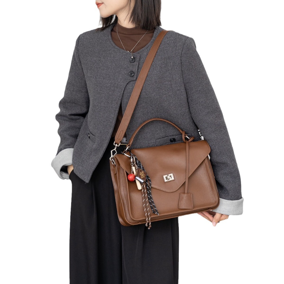 Bag Top Layer Cowhide New Handbag, Large Capacity Briefcase, Versatile Commuter Crossbody Bag, Trendy Women's Bag