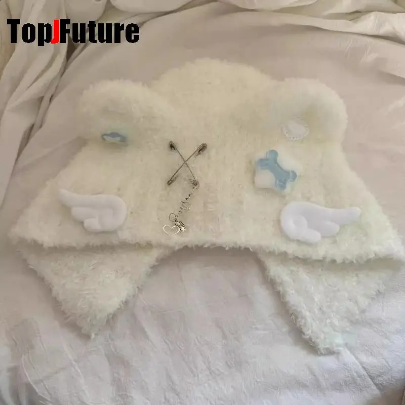 Womens Harajuku Steampunk Y2K Gothic Japanese Soft Girl Dilei Series Little Angel Wings Bear ear knitted hat wing bone 250120
