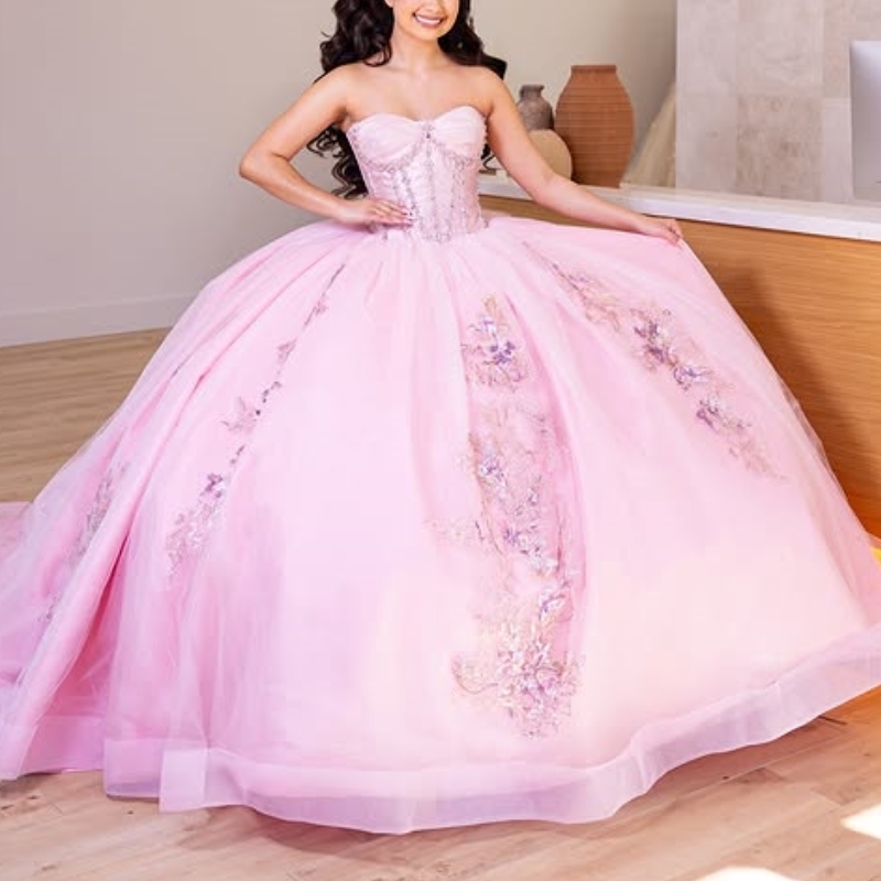 Pink Quinceanera Dresses Ball Gown Off Shoulder Appliques Lace Beads Tull Corset Birthday Party Sweet 16 Dress Vestidos 15 anos
