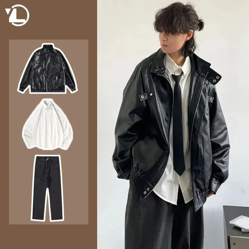 Retro 3-piece Set Men Women Loose Korean Pu Leather Jacket Straight Jeans White Long Sleeve Shirts Sets High Street Casual Suits 250121