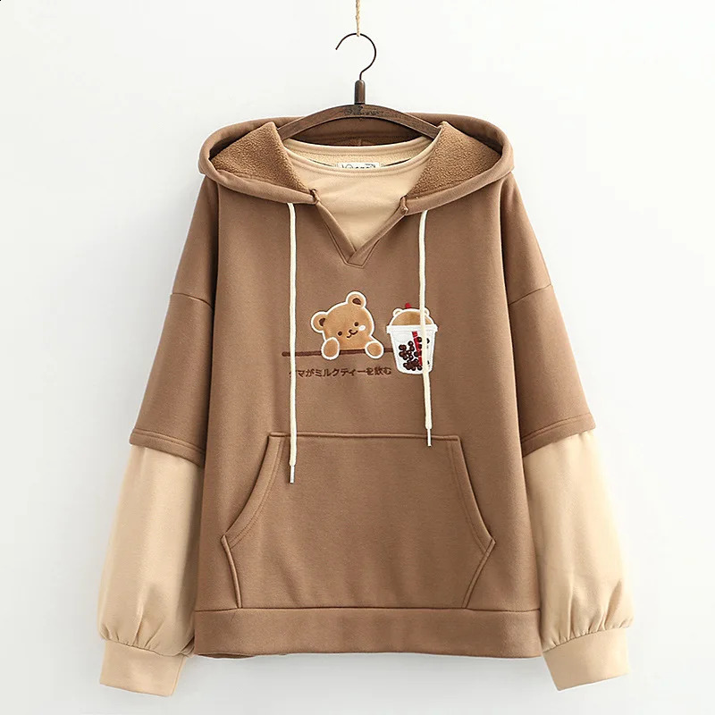Winter Clothing Korean Edition Casual Versatile College Style Embroidered Milk Tea Bear Hoodie with Velvet Top 250206