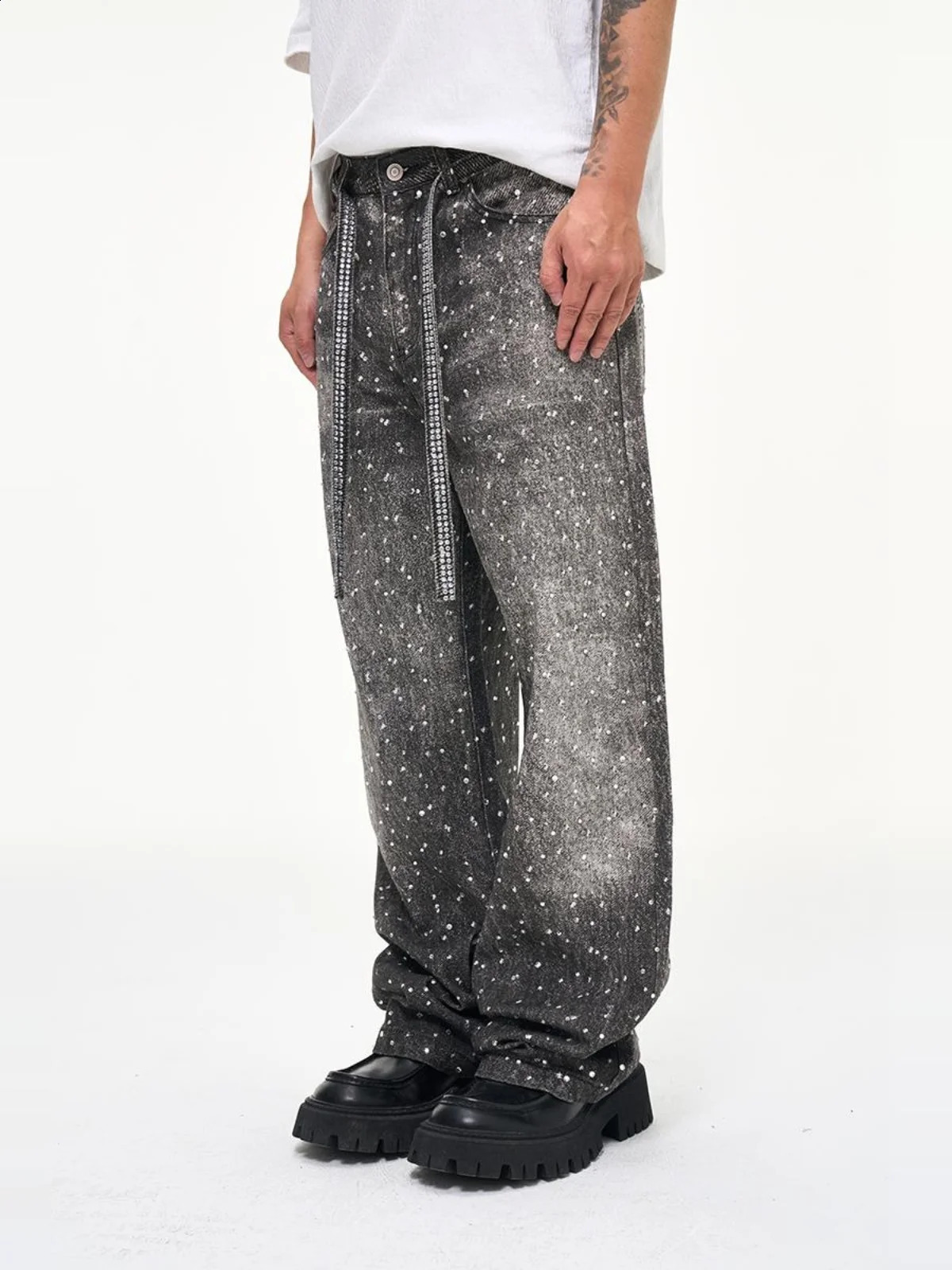 Tung Sung Diamond Jeans Washed Hip Hop Straight Jeans Belt 250206