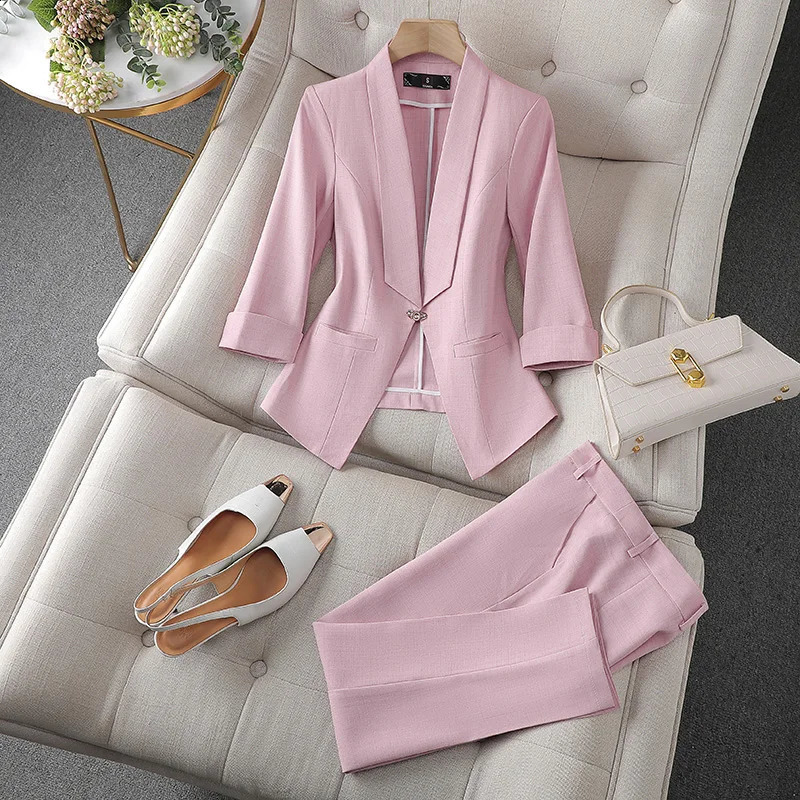 Spring Summer Flanged Casual Jacket Blazer Slim Pencil Pants Elegant Womens Pants Suit Office Manager Outfits Two Piece 250206