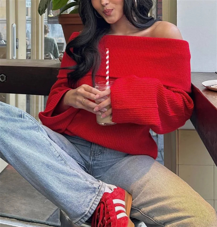 Fashion Solid Off Shoulder Sweater Women Strapless Long Sleeves Loose Sweaters 2024 CasualFall And Winter Sexy Chic Top Outwear 250121