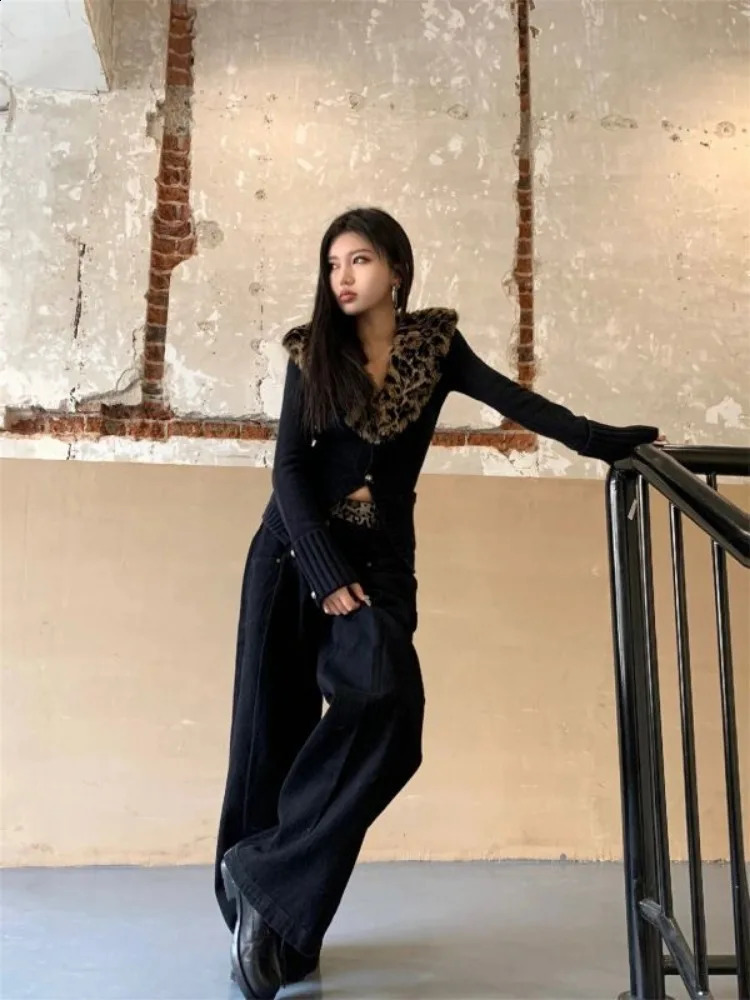 American V-neck Leopard Print Fur Collar Cardigan Autumn Winter Sweaters Coat Y2k Slim Fit Long Sleeve Tops Women 250122