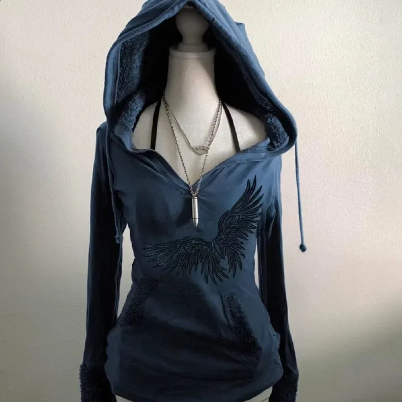 American Gothic Y2K Print Pattern Blue Lamb Wool Hoodies Women Autumn Retro Millennial Girl Slim Harajuku Street Casual Top 250206