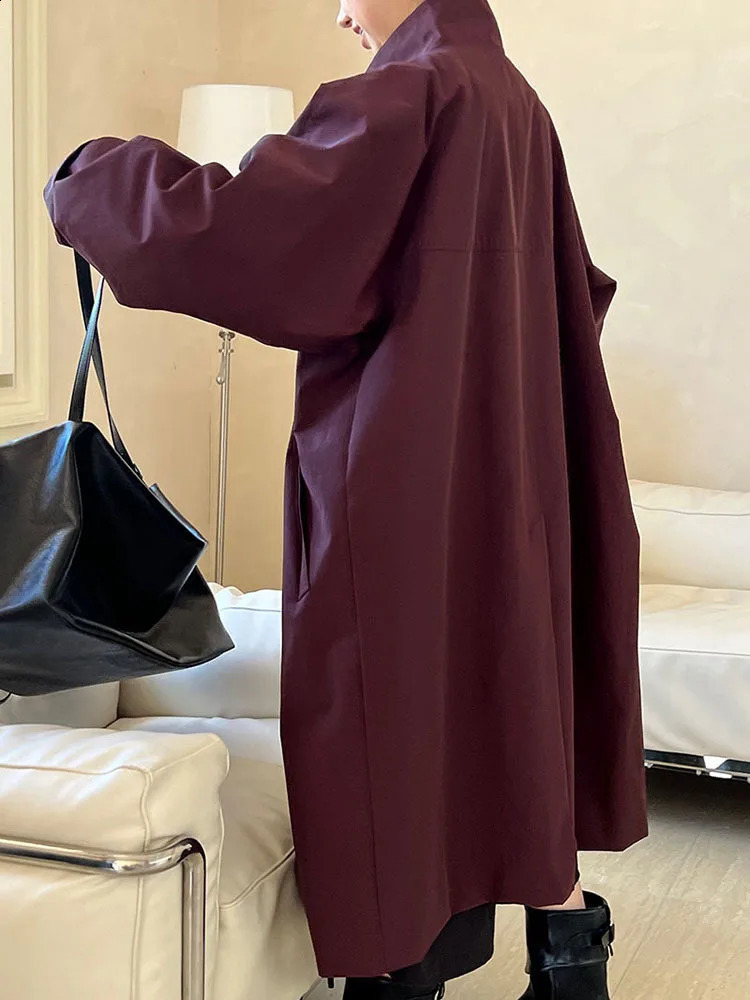 EAM Women Navy Blue Big Size Long Elegant Trench Stand Collar Long Sleeve Windbreaker Fashion Spring Autumn 1DH6843 250118