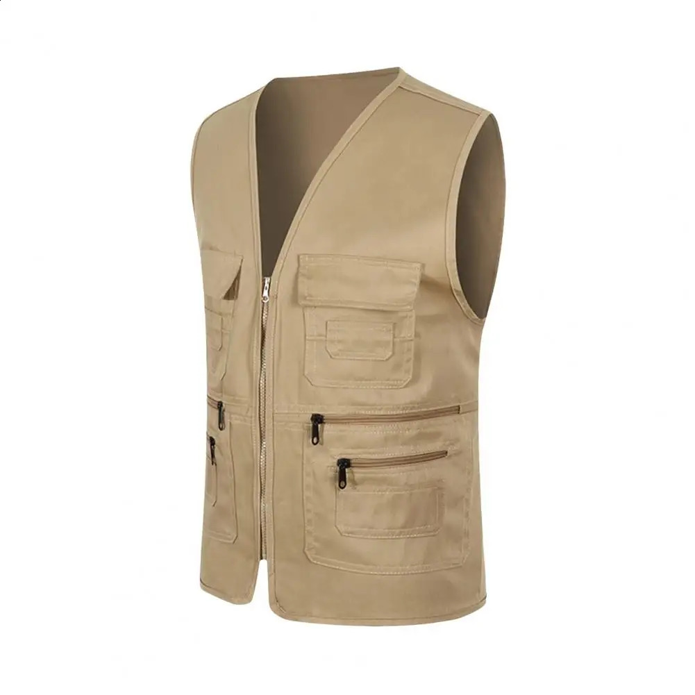 Cargo Waistcoat Men Mens Summer Cargo Waistcoat With Multi Pockets V-neck Zipper Placket Sports Vest For Safety Work 250206