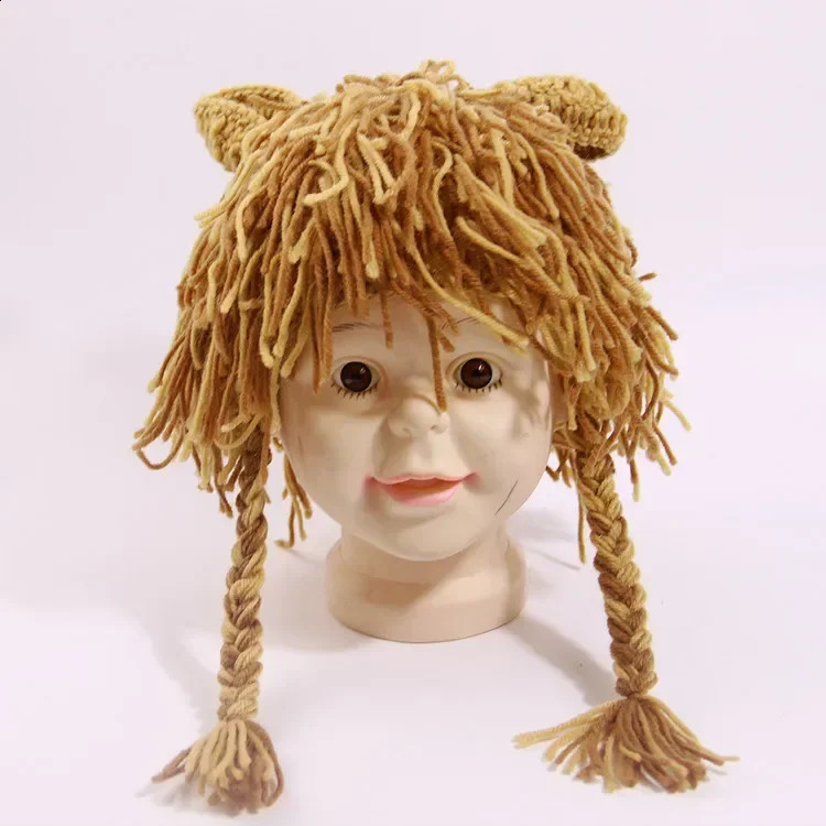 Funny Lion Children Baby Hat Hair Wig Cap Winter Warm Woolen Yarn Knitted Crochet Kids Hats and Caps Dress Up Pography Props 250206