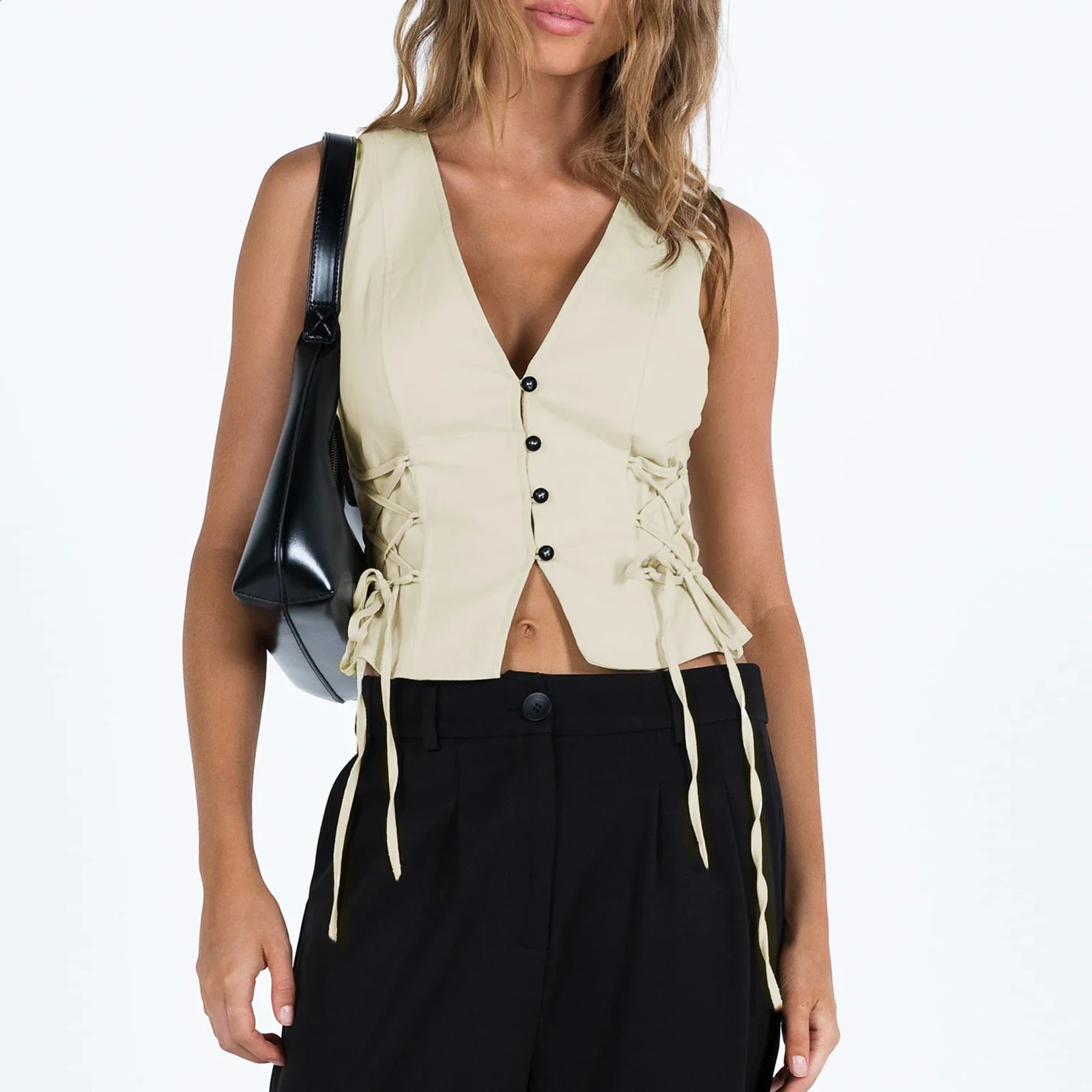Summer Vintage Side Bandage Crop Tops Women Solid Color Button Up V Neck Sleeveless Vest Fashion Streetwear Fitted Tank Tops 250206