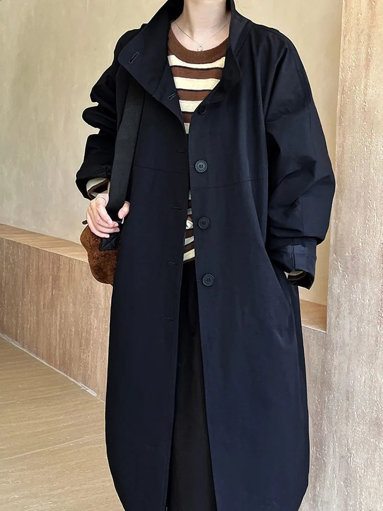 EAM Women Navy Blue Big Size Long Elegant Trench Stand Collar Long Sleeve Windbreaker Fashion Spring Autumn 1DH6843 250118