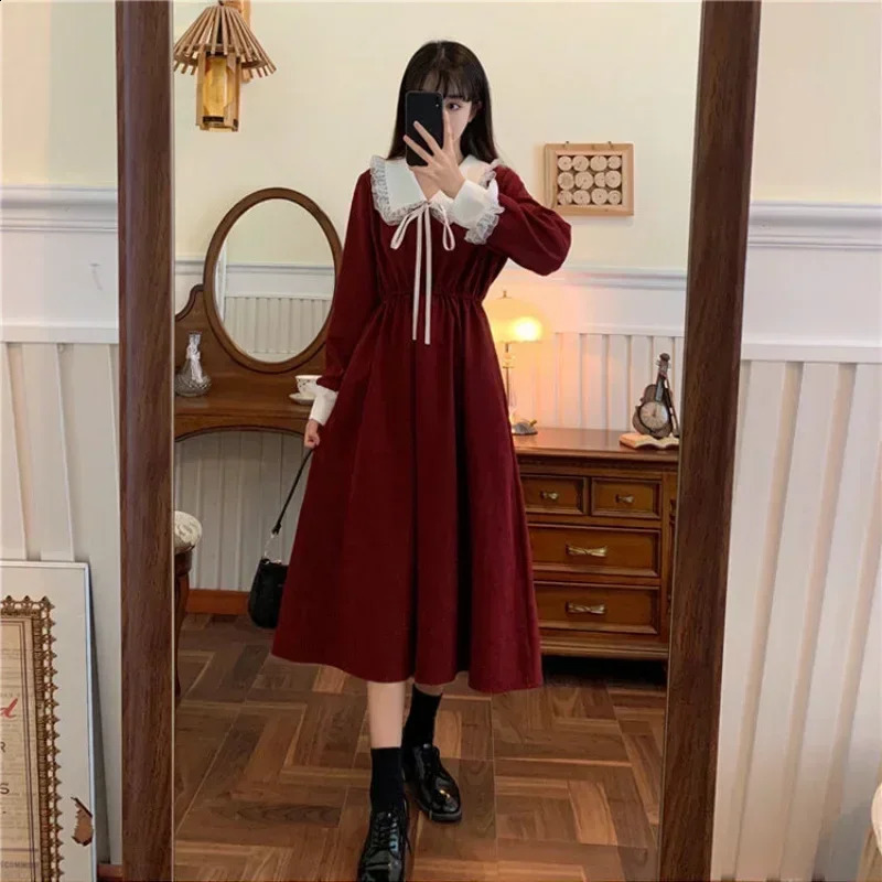 Vintage Shirt Dress Women Autumn Spring Long Sleeve Robe Kawaii Lolita Elegant Midi Dresses Korean Fashion Vestido 250206