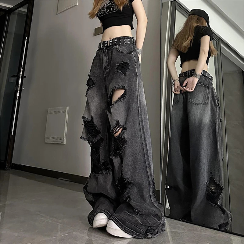 American Y2K Vintage Ripped Women Denim Pants Summer High Street Casual Jeans Ladies Wide Leg All Match Female Trousers 250121