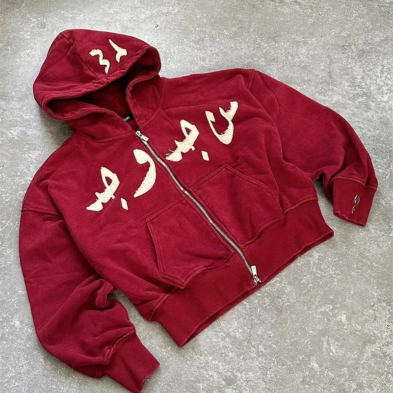 American Retro Personalized Patch Embroidery Oversize Double Zipper Hoodie Mens Y2K Harajuku Hip Hop Goth Casual Joker Top 250102